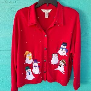 Snowman Appliqué Cardigan Holiday Christmas Jacket SIZE Large 90s Vintage Red